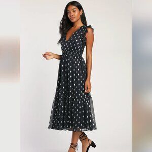 Navy and Silver Dot Ruffled Tiered Midi Dress